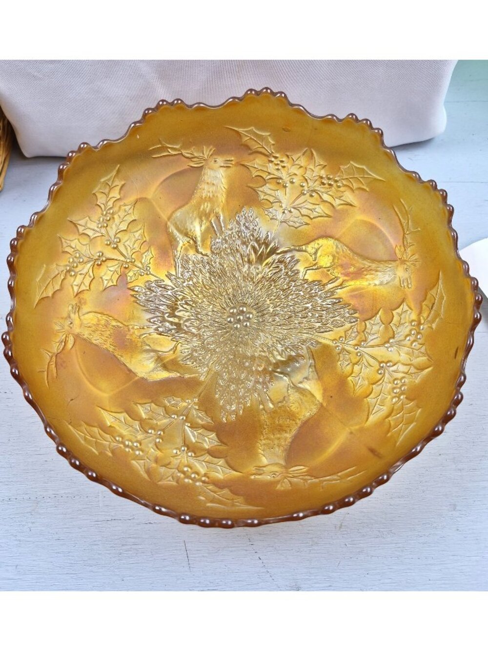 Dugan Stag & Holly Carnival Glass Bowl Marigold Ruffled Edge Footed 9" Diameter